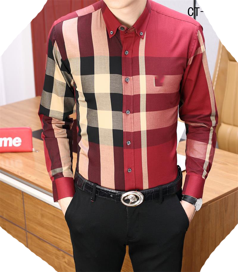 

Mens Dress Casual Shirts Luxury Slim Silk T-shirt Long sleeve Casual business clothing plaid brand 10 color M-3XL, Customize