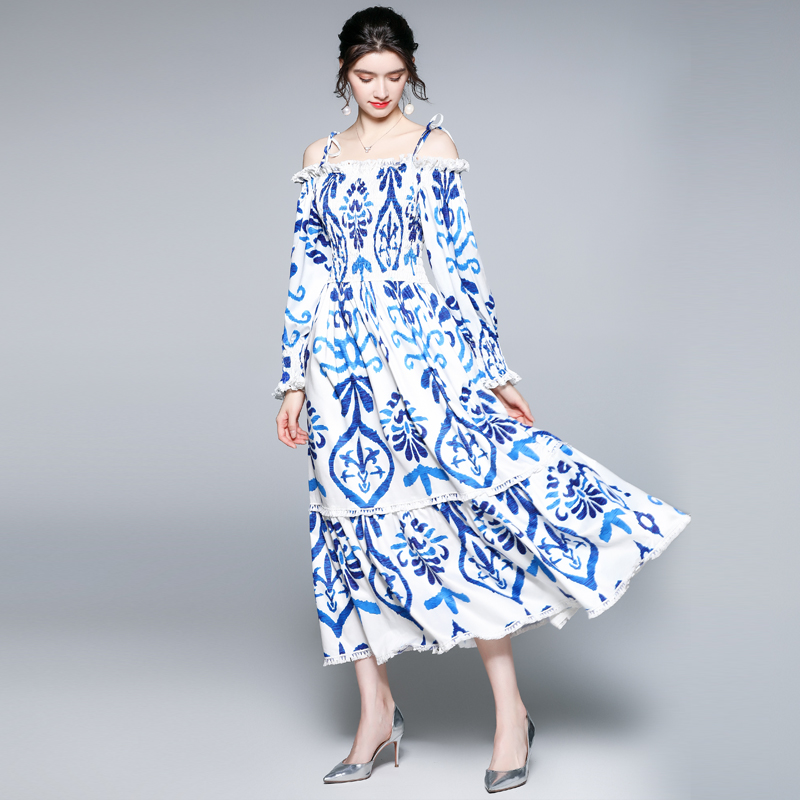 

Paisley Print Prom Woman Designer Dress Lantern Sleeve 2022 Sexy Off Shoulder Suspenders Runway Party Cocktail Dresses Vintage Women Clothes Boho Formal Maxi Frock