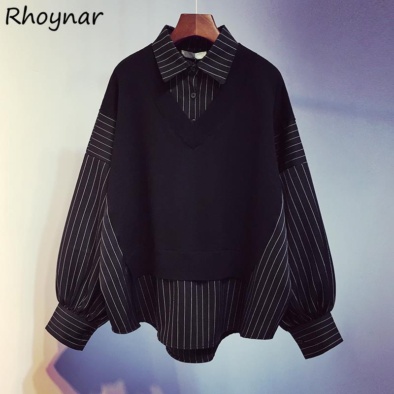 

Women' Blouses & Shirts Women Korean Style Elegant Baggy Striped Patchwork Leisure Fashion Cozy Turn-down Collar Fake 2 Pieces Vintage Fema, Black