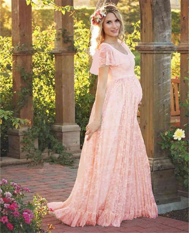 

2018 Plus Size Maternity Dresses For Photo Shoot Fashion Lace Maxi Maternity Gown Dress Women Pregnancy Clothes Photography Prop G220418, Beige dress