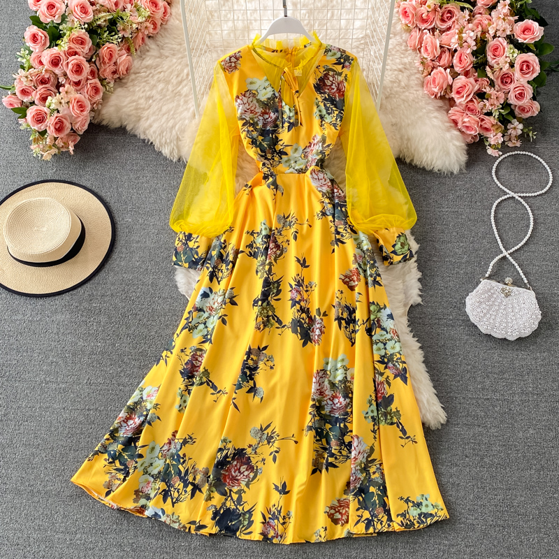 

New Spring Autumn Floral Print Casual Dresses Women Casual Gauze Patchwork Long Sleeve A-line Lady Slim Chiffon 2022, Same as picture