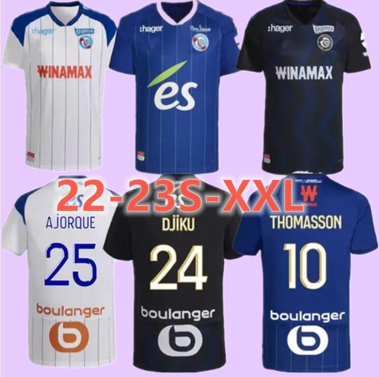 

22 23 RC Strasbourg Alsace soccer jerseys maillot de foot home blue 2022 2023 THOMASSON LiEnard Diallo DJIKU AJORQUE AHOLOU Gameiro football shirts home away third