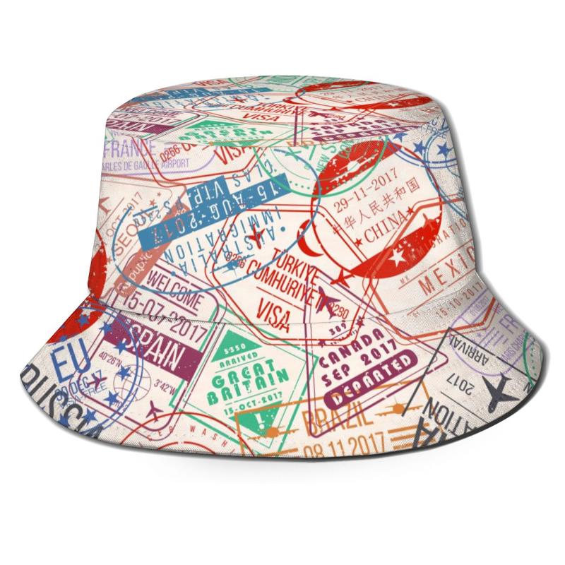 

Berets CINESSD Bucket Hat Unisex Bob Caps Hip Hop Gorros Travel Passport Stamps Summer Panama Cap Beach Sun Fishing, Black