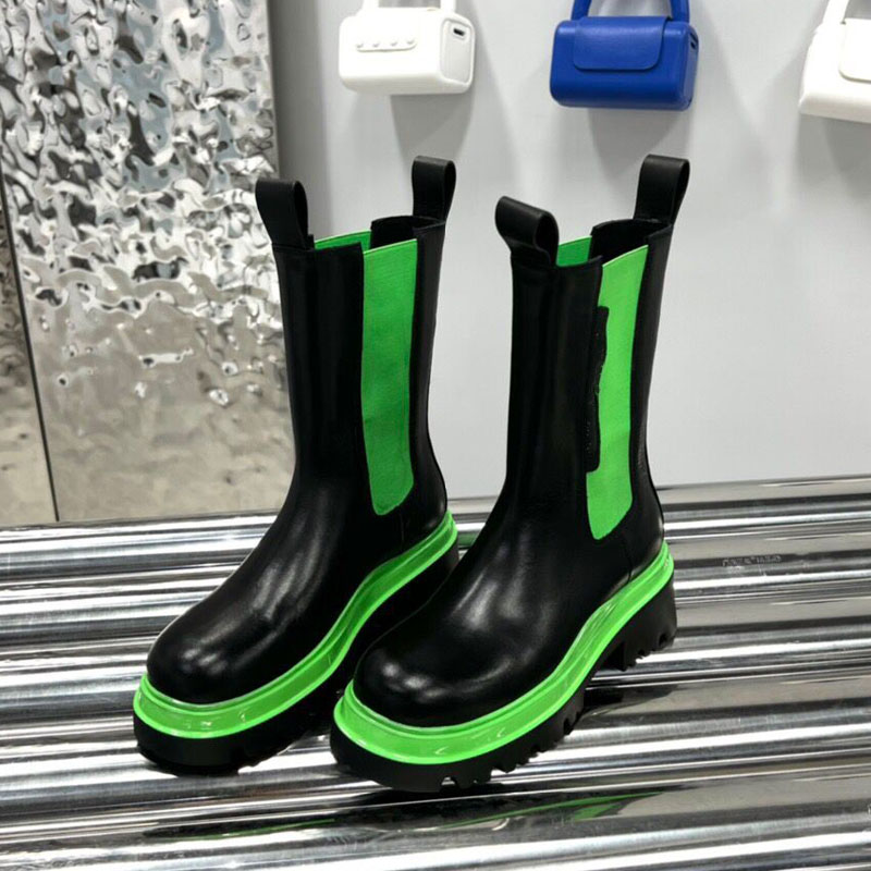 

Spring and Autumn Women's Boots Leather Chelsea Short Boots Fashion Designer Chunky Heel British Mid-Cut Slim Green Sole Martin Bootss, Blue(