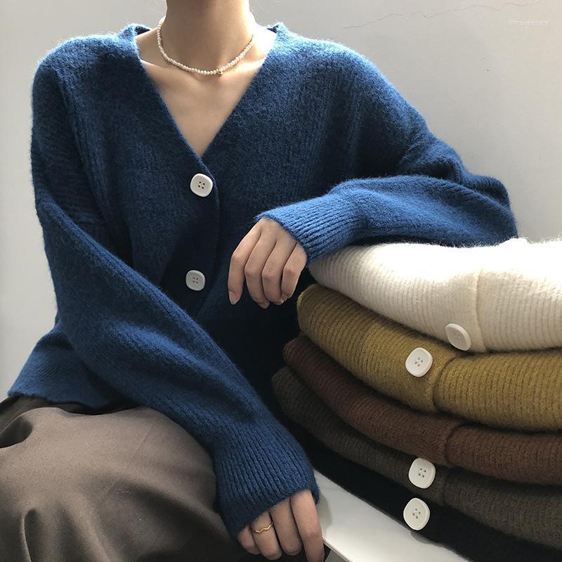 

Women's Knits & Tees Korean Fashion V-neck Single Breasted Cardigan Sweater 2022 Spring Autumn Casual Loose Solid Color Knitting Women Jacke