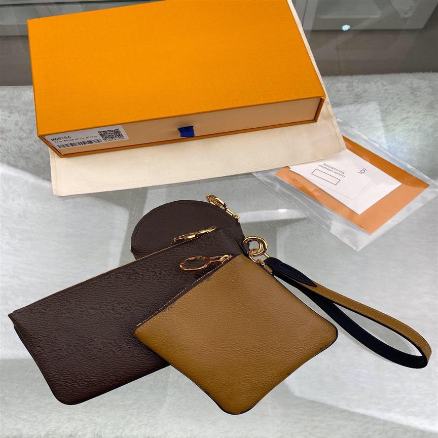 

leather small Wallet woman mini Coin Purse zipper 3 pieces brand Trio Pouch Clutch Bags 0018212f, Chocolate with l logo