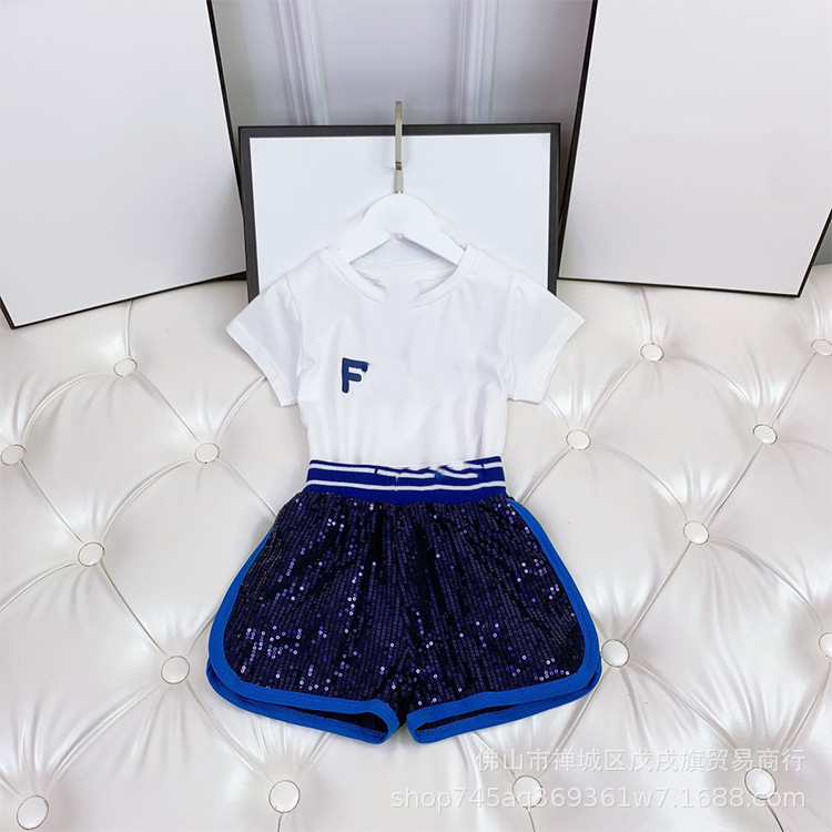 

children's girls' summer fashion leisure round neck short sleeve shiny trouser skirt two-piece Pullover, White