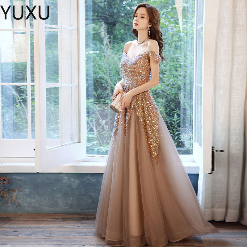 2023 robes de soirée en or de luxe dentelle perles de cristal paillettes balayage train hors épaule formelle mariée Pageant robes de bal sur mesu