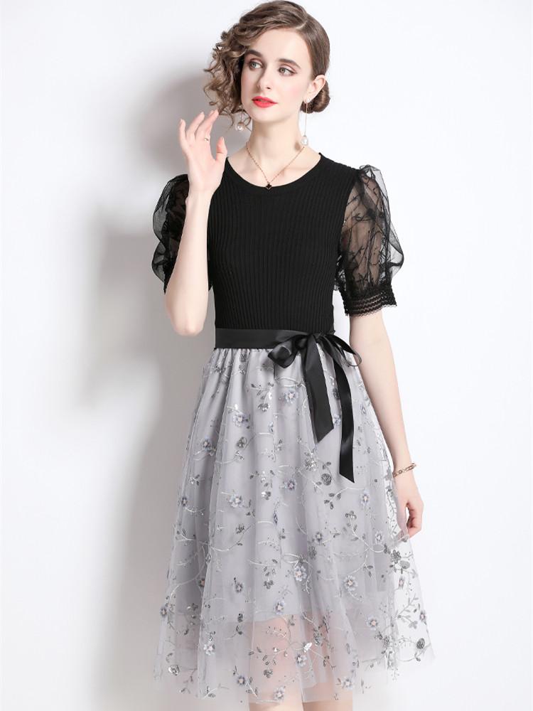 

Women's Two Piece Pants Summer Elegant Mesh Sequined Flower Embroidery Patchwork Knitting Dress Women Short Puff Sleeve Bandage Evening Part, Color 3