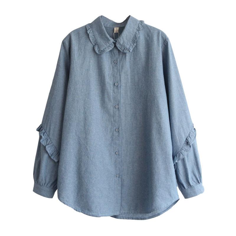 

Women's Blouses & Shirts 5670 Spring Women Blouse Japan Style Mori Girl Loose Casual Cotton Denim Shirt Ruffled Long Sleeve Single-breasted, Blue