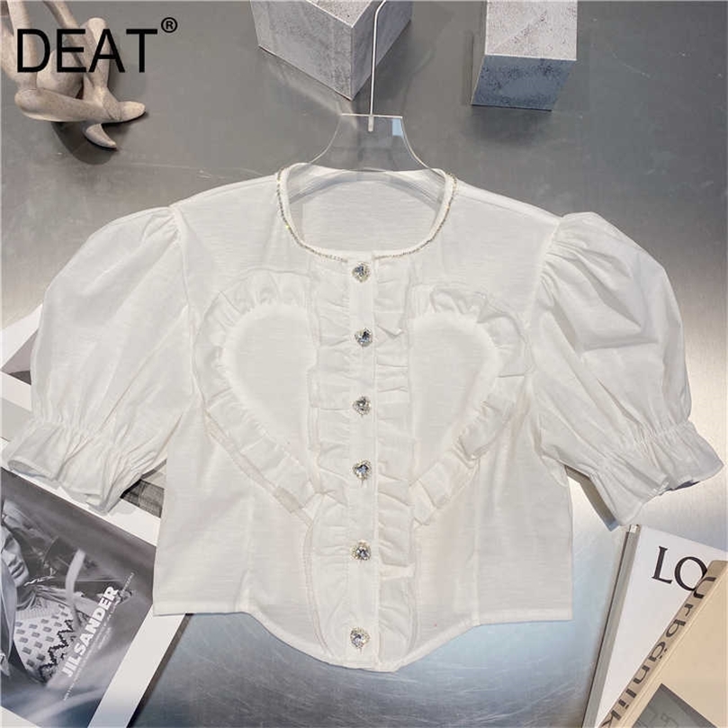 

DEAT Women Ruffles Asymmetrical T-shirt Arrivals Round Neck Short Purr Sleeve Temperament Fashion Spring Summer 11D978 210709, White