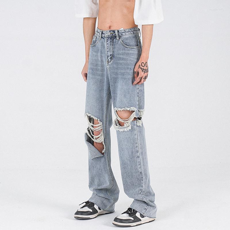 

Men's Jeans Blue Ripped Baggy Men Fashion Casual Wide Leg Streetwear Loose Hip Hop Hole Straight Denim Pants Mens TrousersMen's Heat22