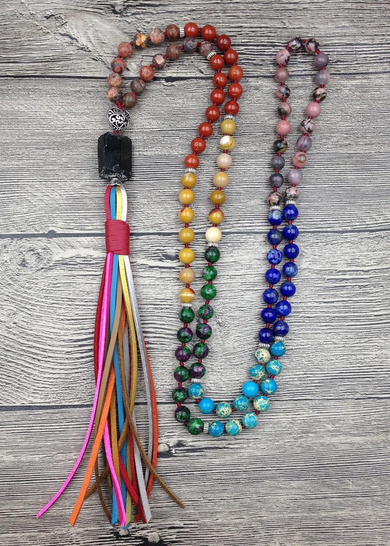 

Pendant Necklaces Chakra Mala Stone 8mm Beads Black Tourmaline Long Colors Leather Tassel Knot Handmade NecklacesPendant PendantPendant