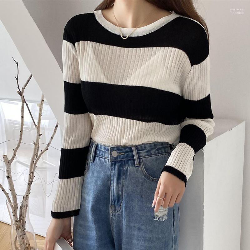 

Women's Sweaters Alien Kitty Striped Women Tops Bottoming Slim Knitted Pullovers Autumn Full Sleeves 2022 Femme Chic All Match Casual OL Jem, Red