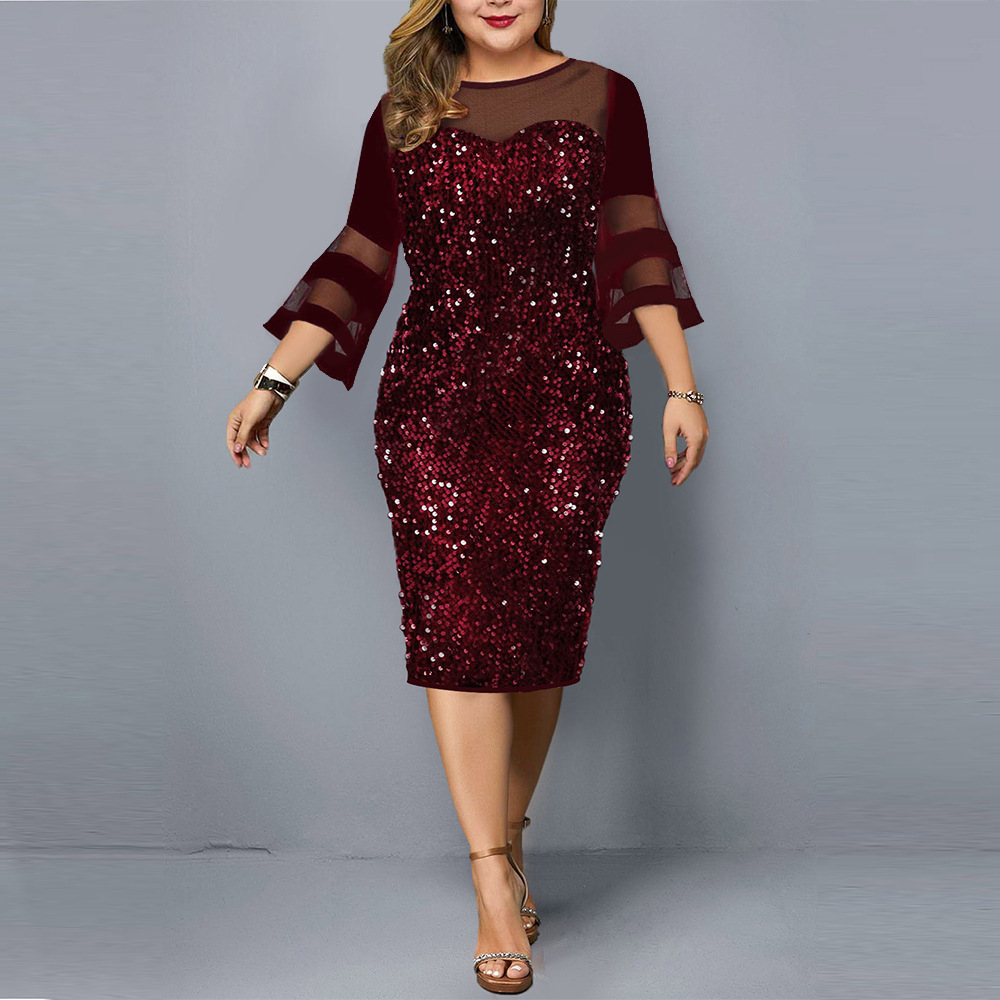 Robe mère De la mariée bordeaux à paillettes, grande taille, col transparent, manches 2024, longueur thé, robes De soirée pour marié, tendance 3/