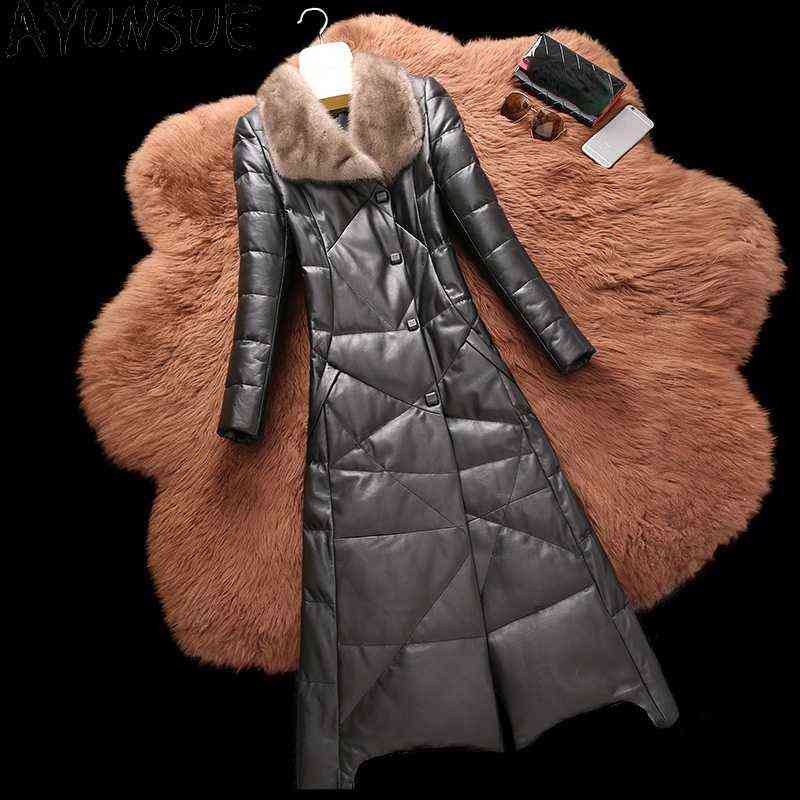 

Ayunsue 100 Real Sheepskin Coat Women Real Mink Fur Collar Leather Coat Long Down Jackets Korean Manteau Femme Cuir 1219 J220727, Black