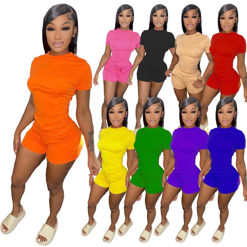 

Women' Tracksuits Summer Solid Tracksuit 2 Pieces Shorts Sets Women Short Sleeve O Neck Top Shirt And Mini Casual Matching SportwearWomen, Orange