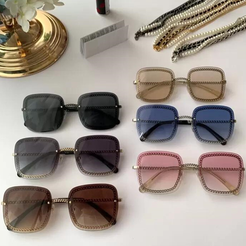 

Hottest H4244 Square Mixed Chain sunglasses HD UV400 Gradient Lens quality exqusite three layers metal leatherpearl chain 63-15-145 full-case outlet