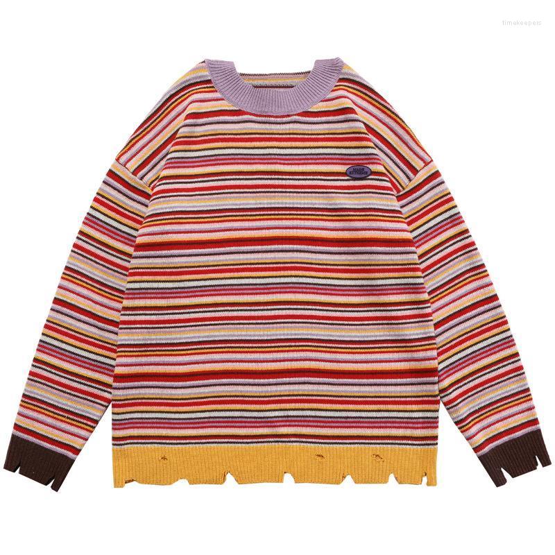 

Men's Sweaters Hip Hop Streetwear Knit Sweater Holes Striped Colorful Pullover Men Harajuku Casual Loose Cotton Winter SweaterMen's Time22, One