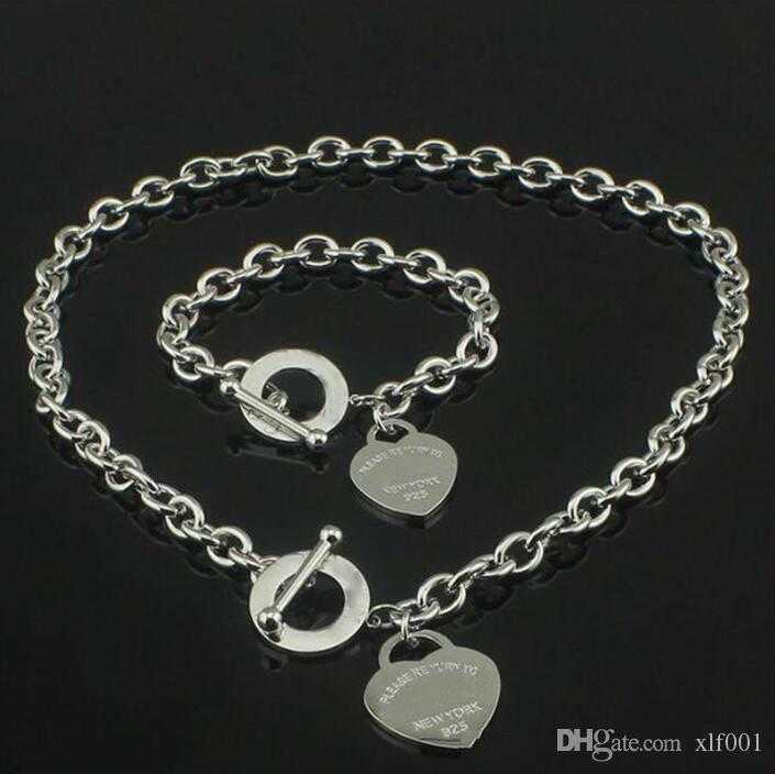 

Hot sell Birthday Christmas Gift 925 Silver Love Necklace Bracelet Set Wedding Statement Jewelry Heart Pendant Necklaces Bangle Sets 2 in 1