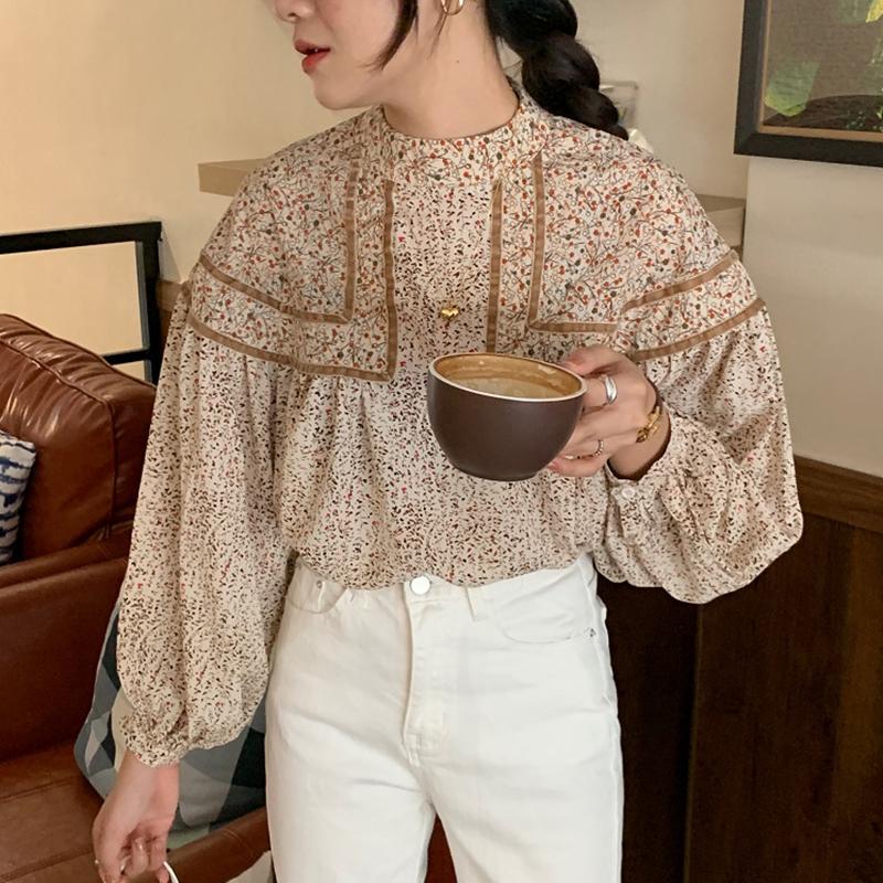 

Women's Blouses & Shirts Lamtrip 2022 Spring Korean Floral Print Kawaii Lolita Long Sleeve Stand Collar Shirt Blouse Causal BlusasWomen's, Beige