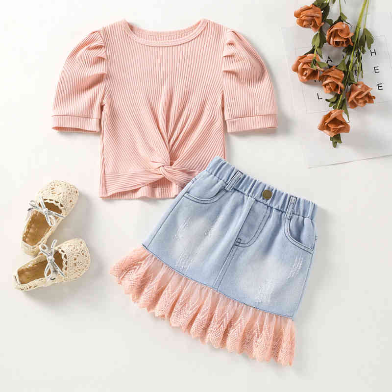 

Citgeett Summer Kids Girls Casual Skirt Suit Short Sleeve Solid Color Ribbed Tops Denim Clothes Set J220712, Red