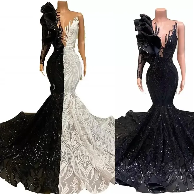 

2022 Sexy Black White Mermaid Prom Dresses V Neck Illusion Sequined Lace One Shoulder Long Sleeve Sequins Formal Party Dress Plus Size Evening Gowns B0513