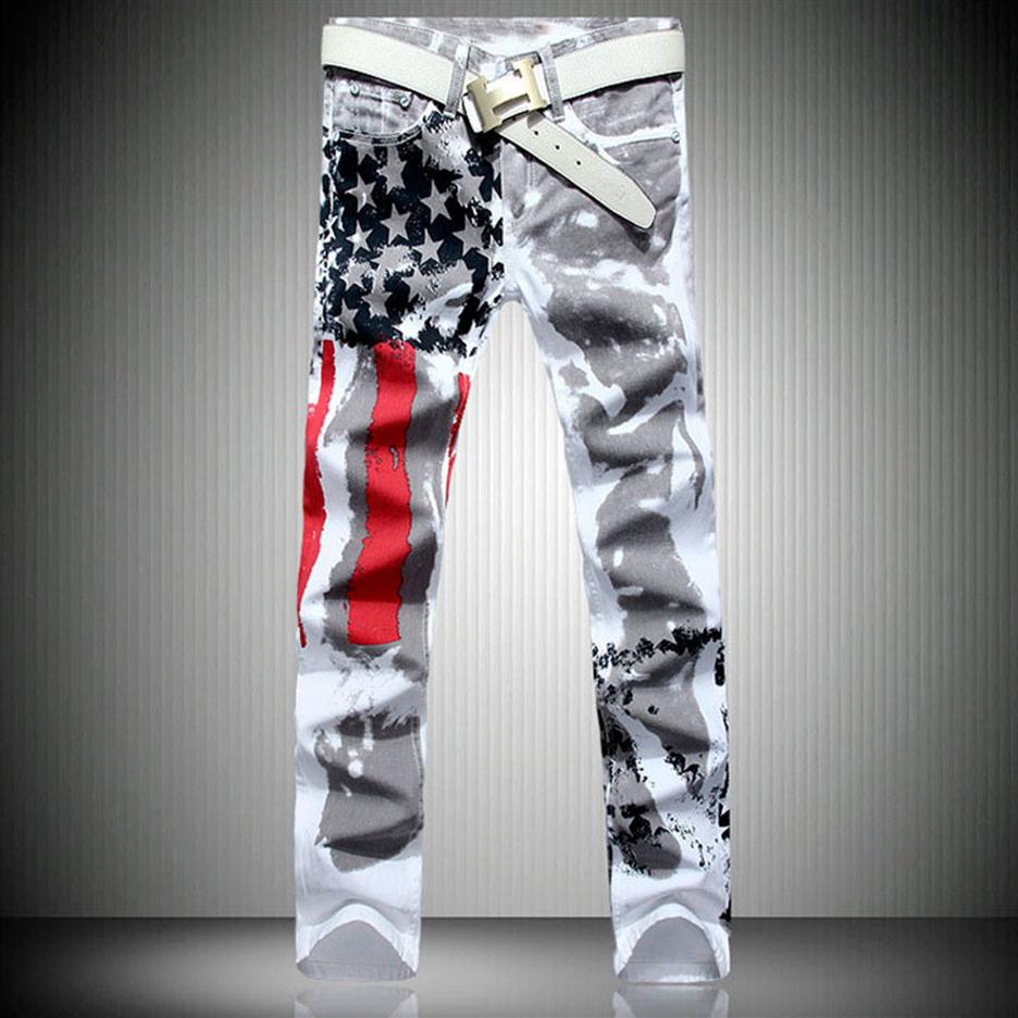 

2020 New Fashion Mens American USA Flag Printed Jeans Straight Slim Fit Trousers Plus Size 38 40 42 Casual Jeans Pants For Men247T, White