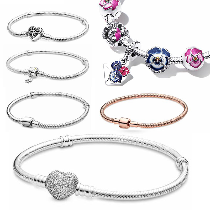 

925 Silver Charms bangle Heart Clasp Snake Chain Charms Bracelets Beads Fit Pandora