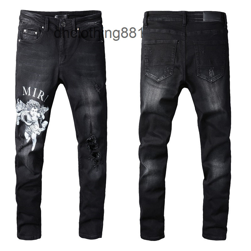 

Designer Men Jeans Amirs Pants Trend Amirs Street trendy Angel pattern black hole elastic tight legged jeans #817