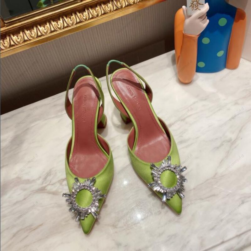 

Luxury Designer Amina Muaddi Womens sandals leather sole designer high heels 10cm diamond chain decoration silk wedding sexy banquet women Fruit green Satin shoes, Only a shoe box