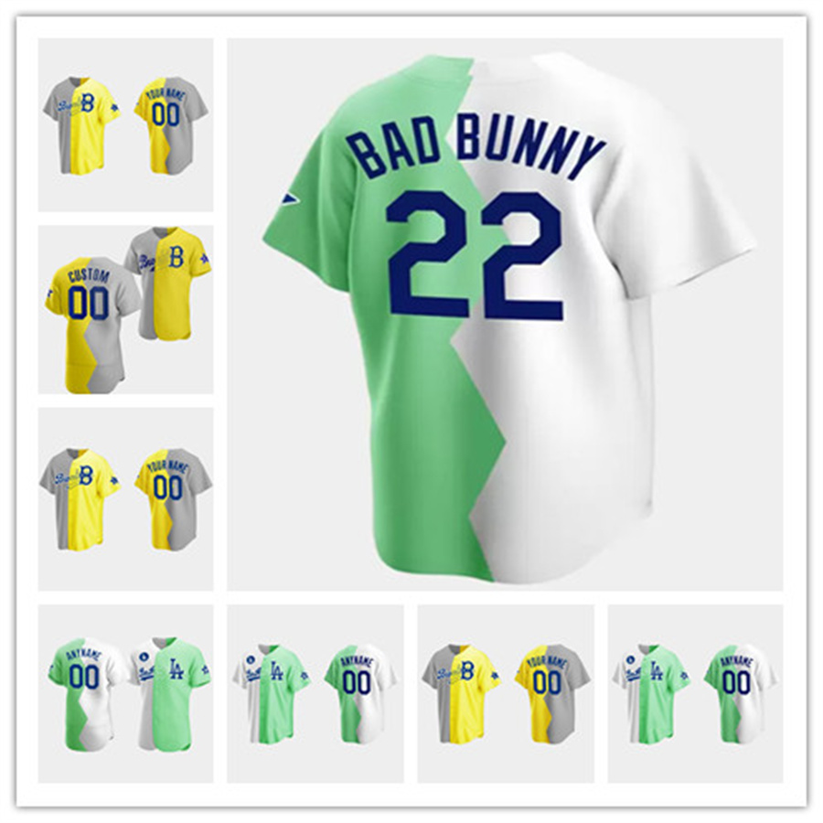 

LA Brooklyn 2022 All-Star Celebrity Softball Game Baseball Jerseys 22 Bad Bunny 16 Andre Ethier 15 Shawn Green26 Joel McHale 23 JoJo Siwa 2 Bryan Cranston Women Youth, Women grey-yellow