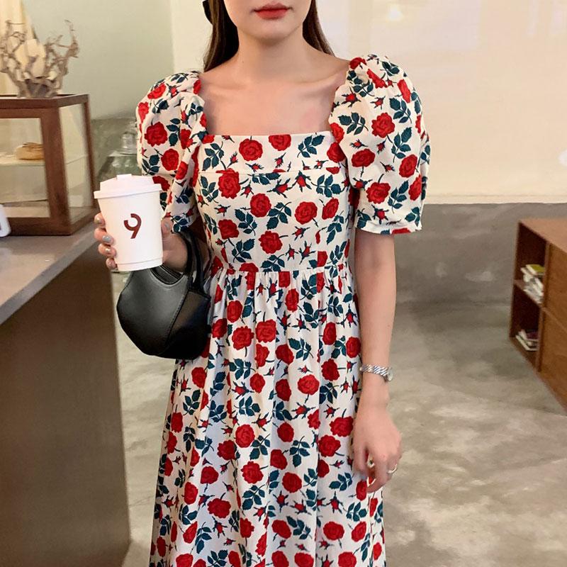

Casual Dresses Elegant Vintage Slim A Line Summer Puff Short Sleeve Midi Square Neck Rose Print Dress Bodycon Women Y2k Vestido De MujerCasu, White