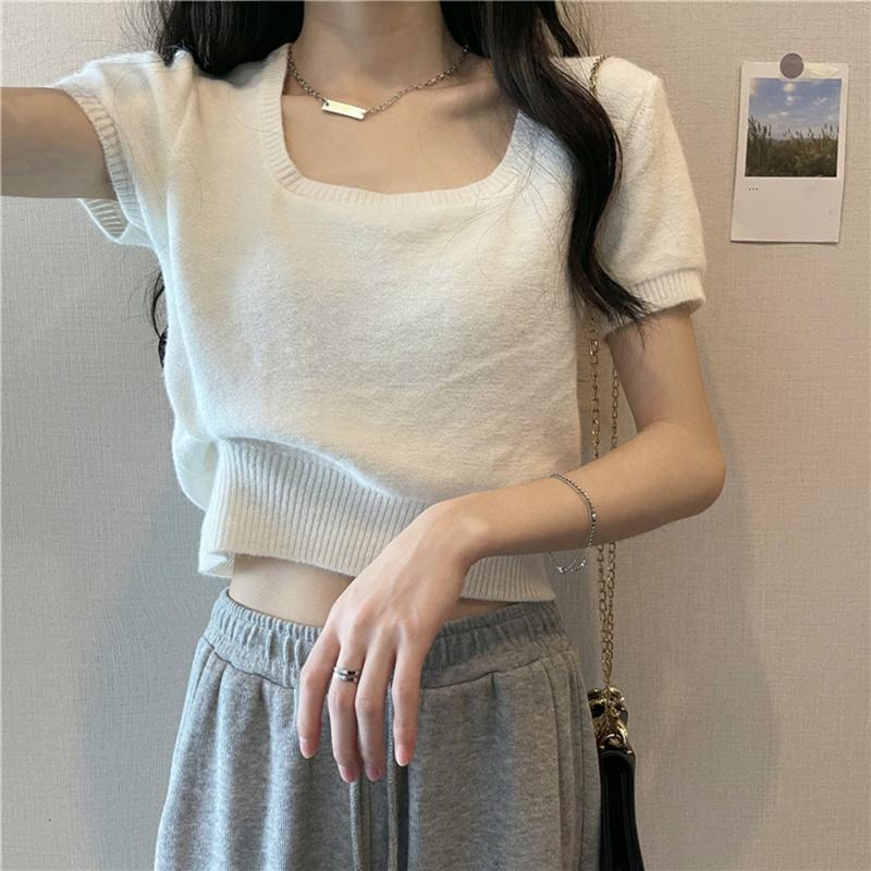 

Women' Sweaters Square Collar High Waist Show Thin Blouse Women' Summer 2022 Loose Sweater Base Short-Sleeved T-Shirt Trend PulloverWo, Black
