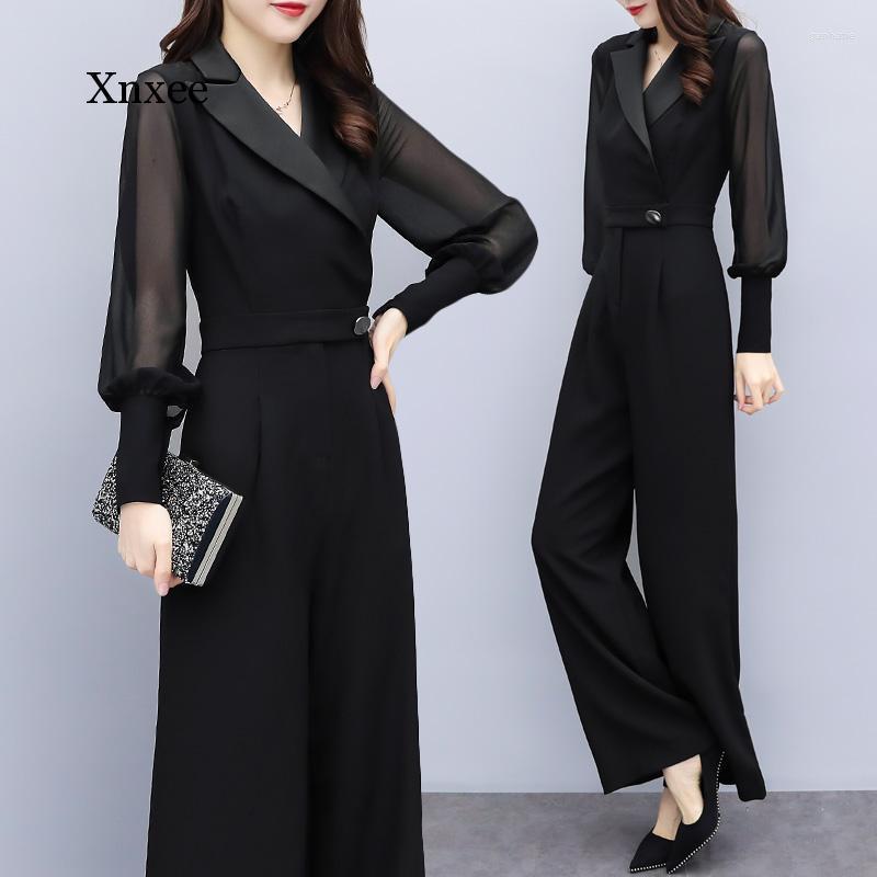 

Women' Jumpsuits & Rompers Puff Sleeve Black Chiffon Female Elegant Trendy Wide Leg Overall Lady Plus Size 2022 Women Spring AutumnWomen, Long sleeveblack