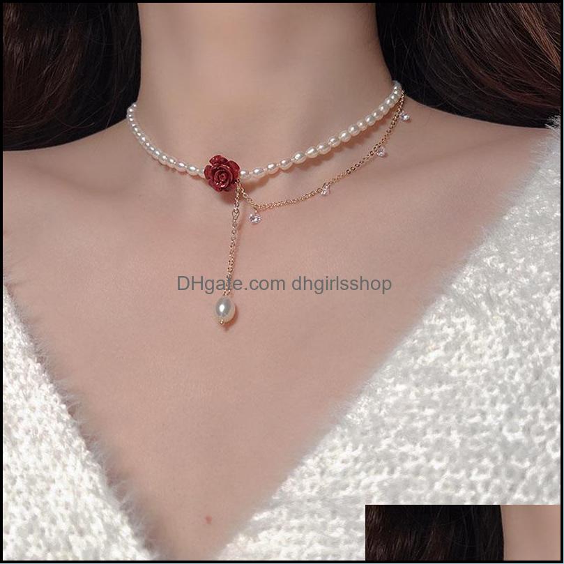 

Chains Necklaces Pendants Jewelry Rose Zircon Pearl Necklace French Retro High-Grade Neck Chain Clavicle Chainchains Drop Del Dhita