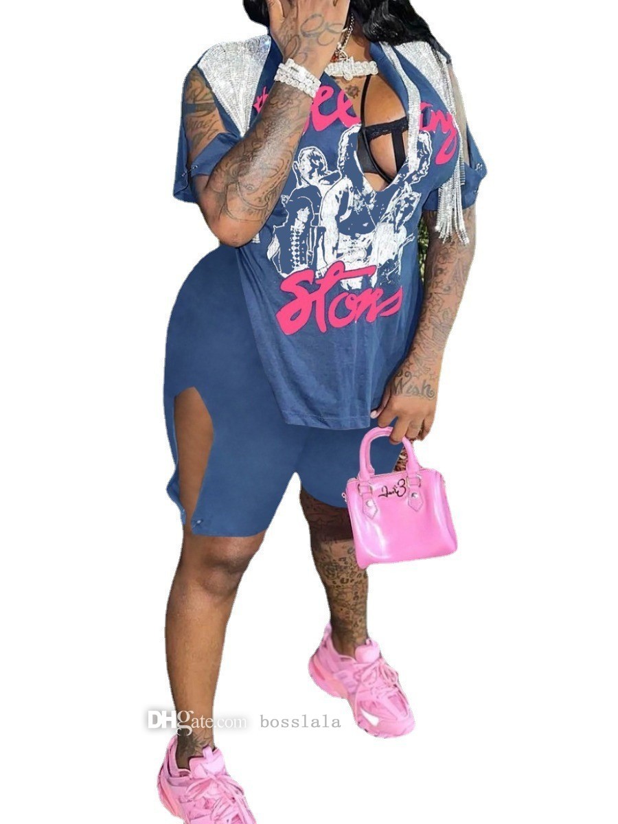 Summer Womens Larger Tracksuits Casual Shorts Tassel Print Large 2pcs Set Plus Size Clothes XL-5XL