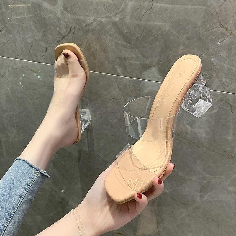 Chaussures habillées épaisses carrées talons bas femme sandales transparentes grande taille 42/43 dames tongs Nude Sandalias Mujer clair pantoufl