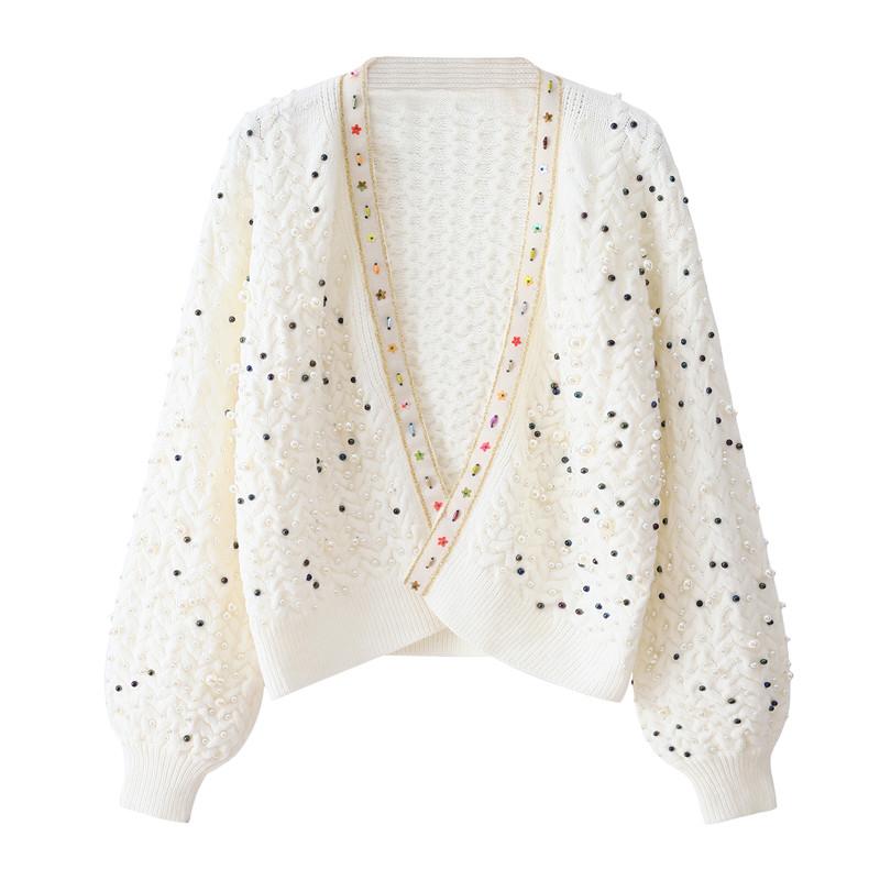 

Women' Knits & Tees Heavy Pearl Beaded Knit Cardigan Women Buckle Long Sleeve Girls Ladies Loose Sweater, White