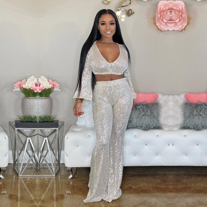 

Women's Two Piece Pants SUJYing Fashion Solid Autumn Leisure Bead Set Nightclub Sexy V-neck Bubble Sleeve Wide Leg Women's WearWomen's, White