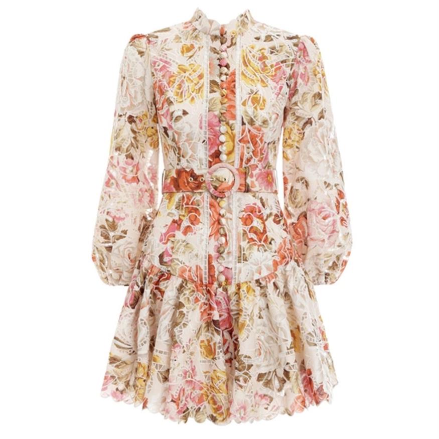 

Australia new print embroidery single-breasted bubble sleeve high waist dress with belt306Q, Customize