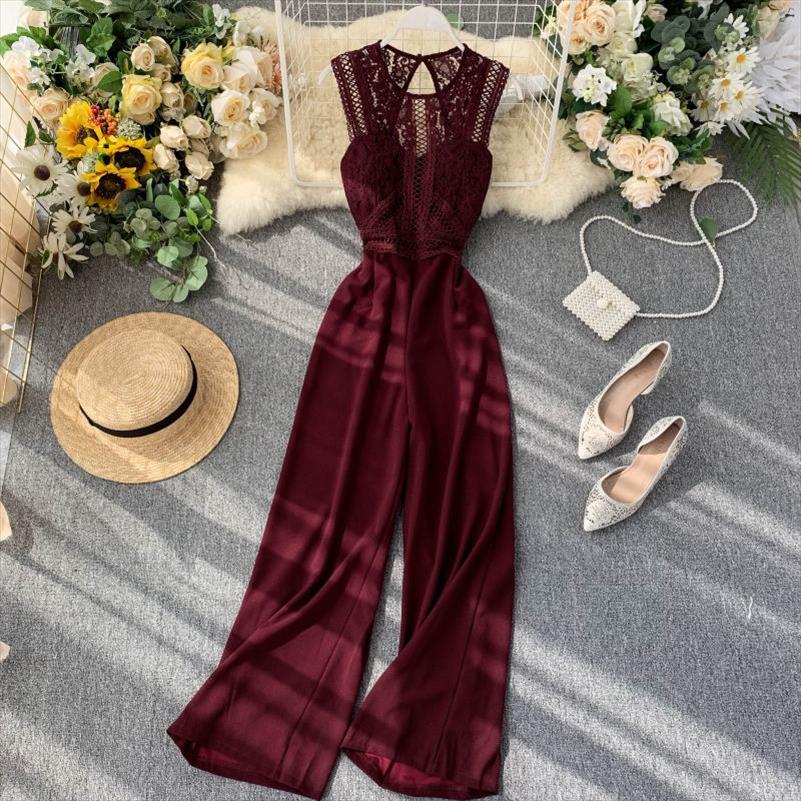 

Fashion Hollow Lace Bodysuit Womens Jumpsuits Spring Summer Ladies Sleeveless Sexy Patchwork Solid Jumpsuit Elegant Women Romper W1993, Brick red