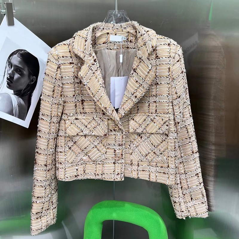 

Women Elegant Jackets Fashion Pocket Designer Coat Trendy Plaid Pattern Short Jacket Luxury Coats Apparel, Khaki