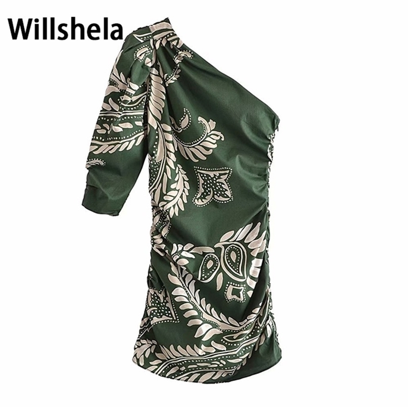 

Willshela Women Vintage Printed Fashion Asymmetric Dress One Shoulder Half Sleeve Chic Lady Draped Mini Short Dresses Woman 220614, Dark green