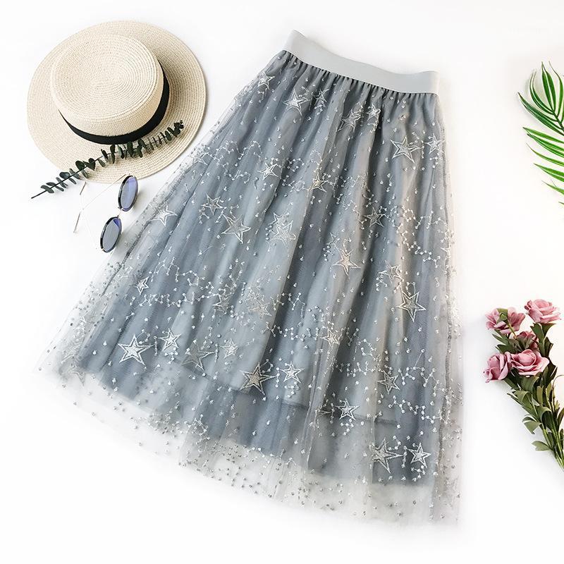 

Skirts Embroidered Mid-length Skirt Female 2022 Autumn Winter Wear Loose Mesh Embroidery Fluffy High Waist, Black