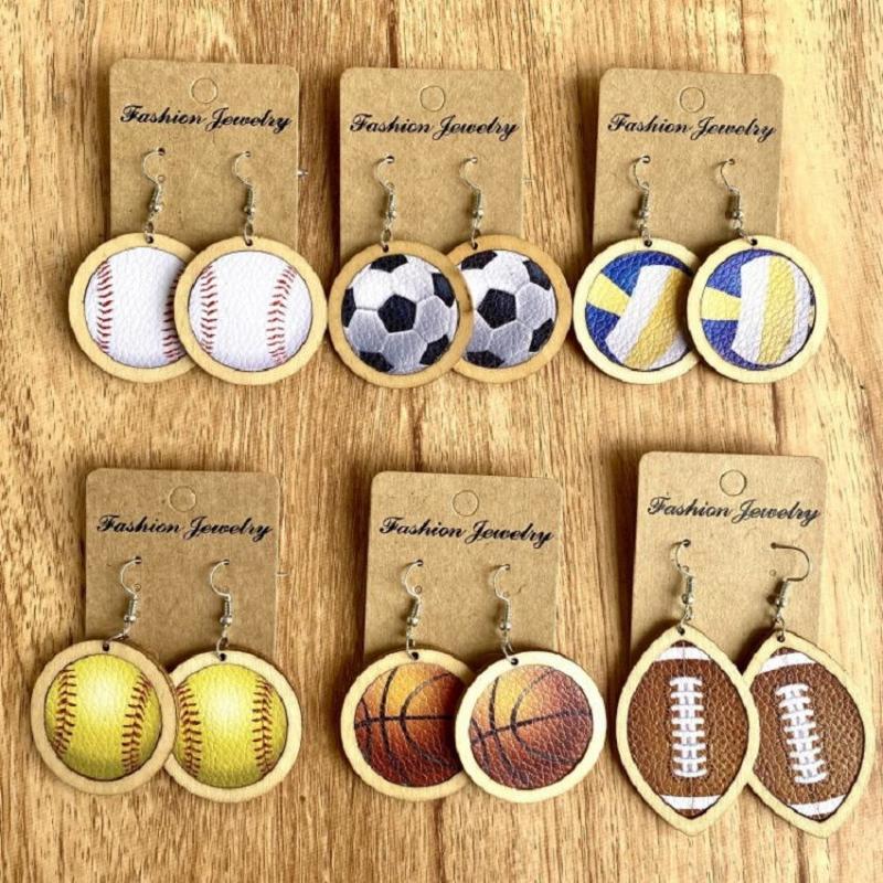 

Dangle & Chandelier Burlywood Frame Inset Leather Baseball Football Pattern Round Wood Earrings For Women Est Ball Games Sport JewelryDangle