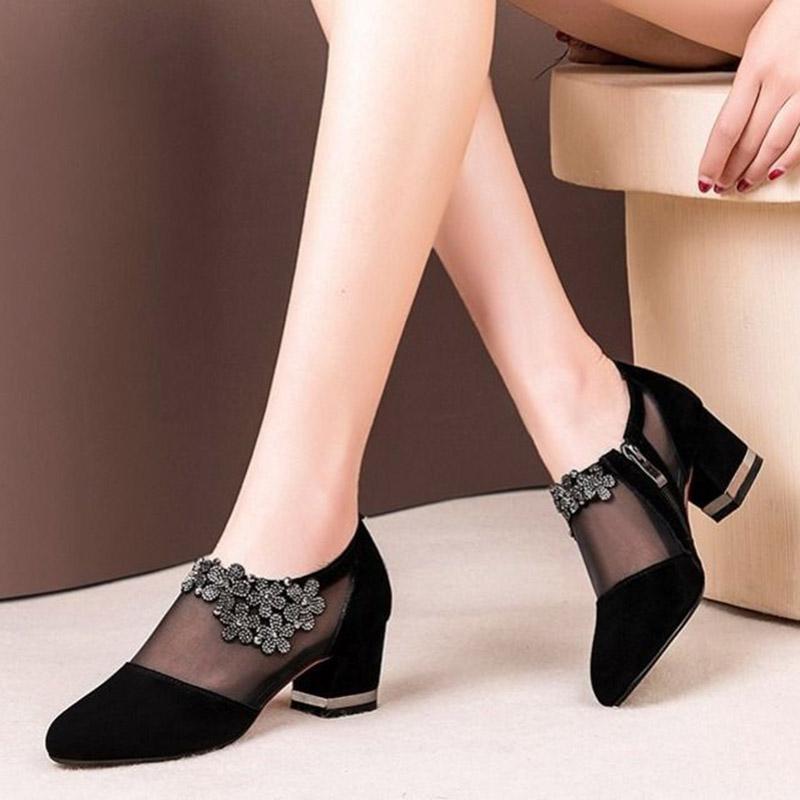 

Dress Shoes 2022 Women Bare Boots Pointed Toe Pumps Mid Heels Square Roma Female Shoe Gladiator Botas Mujer 8761C, Black