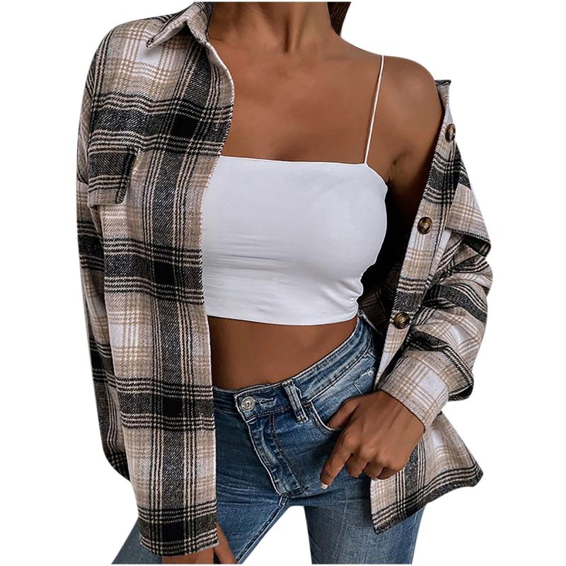 

Women' Jackets Fashion Retro Plaid For Women Spring Autumn Button Up Turn Down Collar Long Sleeve With Pockets Casaco Feminino, Yellow