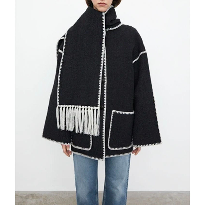 

Women's Jackets 21FW TOTEME Single-breasted Tassel Scarf Wool Coat, Orange