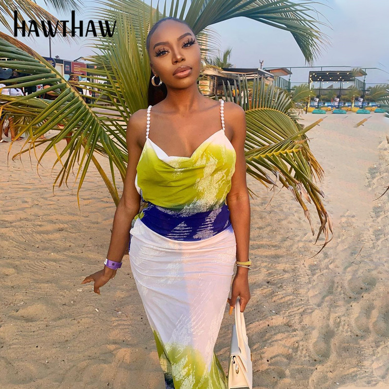 

Hawthaw Women Summer Sleeveless Printed Bodycon Beach Backless Pencil Long Dress Sundress 2021 Female Clothing Streetwear, Blue